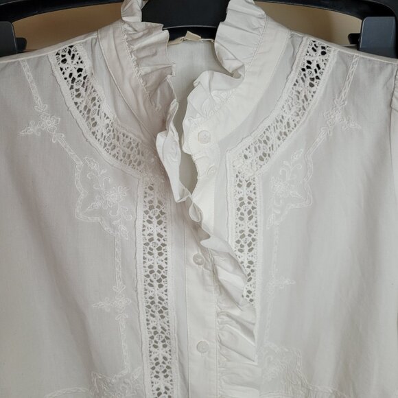 Sezane Embroidered Lace Ruffle Collar Long Sleeve Button Up Shirt - Picture 1 of 11